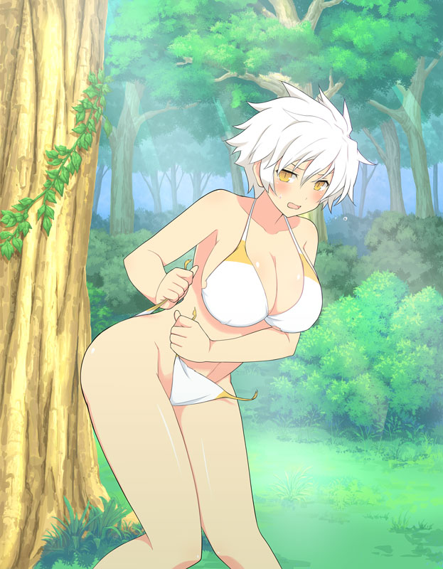 10s 1girl artist_request bikini blush bra breasts cleavage female_focus huge_breasts looking_at_viewer miyabi_(senran_kagura) official_art open_mouth panties senran_kagura short_hair side-tie_bikini_bottom solo standing swimsuit underwear wardrobe_malfunction white_hair yellow_eyes