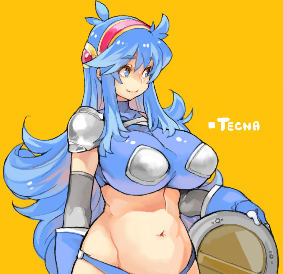 1girl blue_eyes blue_hair borrowed_character breasts female_focus hairband huge_breasts impossible_clothes impossible_shirt large_breasts long_hair navel original sachito shield shirt solo tecna_(yumura_kino)