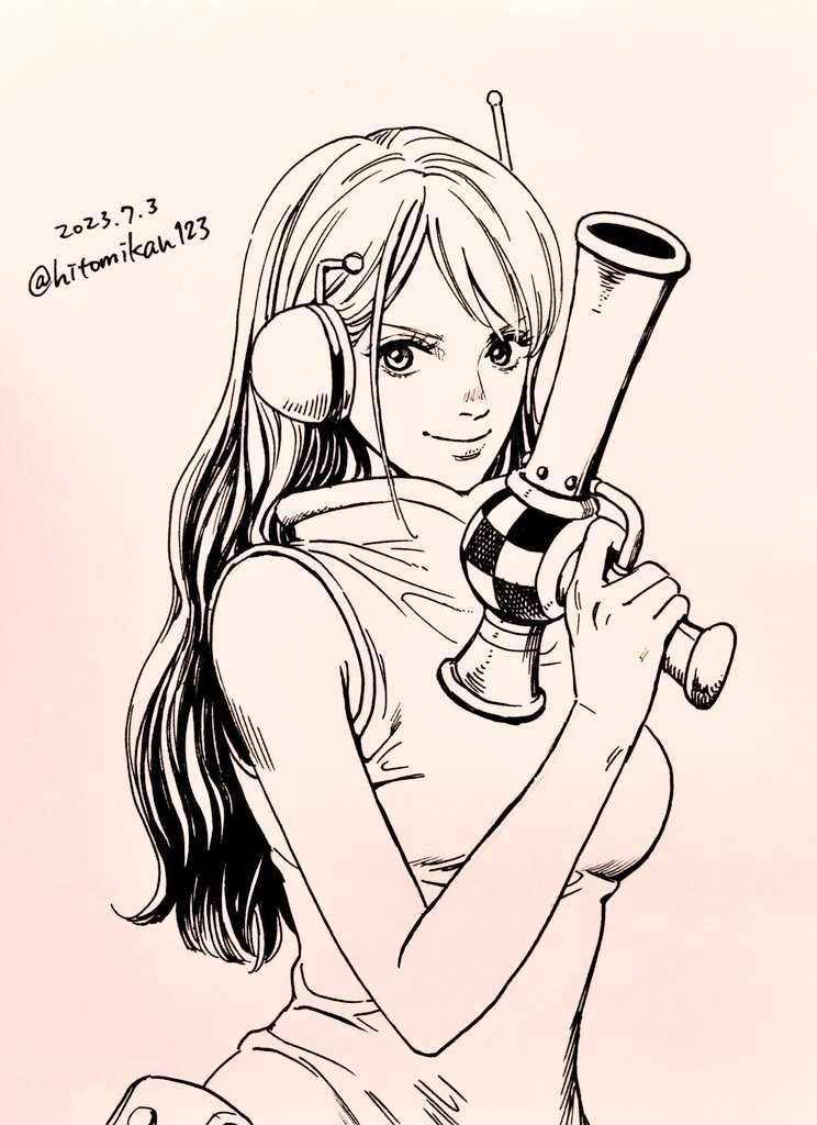 1girl belt_pouch closed_mouth commentary_request dated gankyuumikan greyscale gun heattech_leotard holding holding_gun holding_weapon leotard long_hair looking_at_viewer monochrome nami_(one_piece) nami_(one_piece)_(egghead) one_piece pouch sleeveless_turtleneck_leotard smile solo turtleneck twitter_username upper_body weapon