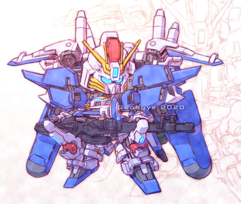 2020 blue_eyes chibi ex-s_gundam gun gundam gundam_sentinel holding holding_gun holding_weapon looking_to_the_side mecha no_humans robot science_fiction solo susagane v-fin weapon