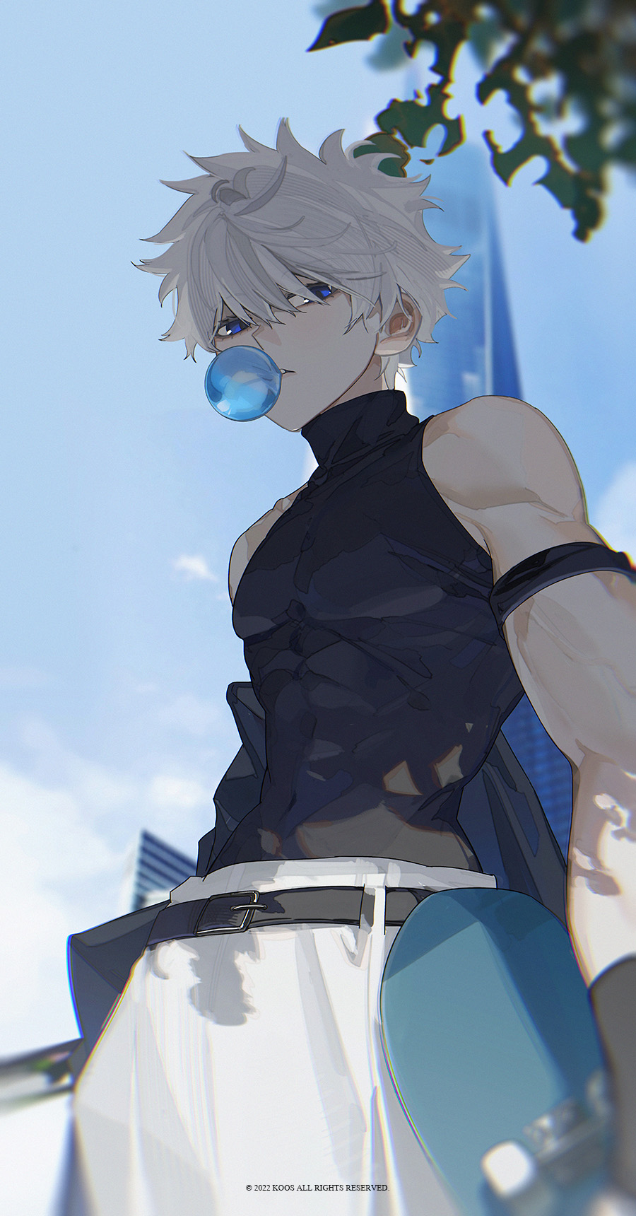 1boy arm_strap belt black_belt black_gloves blue_eyes blowing_bubbles covered_navel gloves hair_behind_ear highres hunter_x_hunter k00s killua_zoldyck leaning_back looking_at_viewer male_focus pants parted_lips pectorals sky solo white_hair white_pants