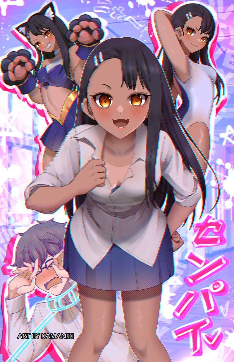 &gt;_&lt; 1boy 1girl :d animal_collar animal_ear_fluff animal_ears animal_hands arm_behind_head armpits artist_name asymmetrical_bangs bare_shoulders bent_over black_hair blue_one-piece_swimsuit blue_shirt blue_skirt blush breasts brown_eyes brown_hair cat_ears character_name cheerleader chromatic_aberration cleavage clenched_hands closed_eyes closed_mouth collar collared_shirt commentary competition_school_swimsuit competition_swimsuit crop_top dark-skinned_female dark_skin downblouse dress_shirt drop_shadow earclip embarrassed english_commentary eyelashes fake_animal_ears fang glasses gloves grin hachiouji_naoto hair_ornament hairclip halftone_texture hand_on_own_chest hand_on_own_hip hands_up highres ijiranaide_nagatoro-san kamaniki knees_together_feet_apart leaning_forward leash lipstick long_hair long_sleeves looking_at_viewer looking_to_the_side makeup messy_hair midriff multiple_views nagatoro_hayase one-piece_swimsuit one-piece_tan open_mouth over-rim_eyewear partially_unbuttoned paw_gloves paw_pose pink_background pink_lips pleated_skirt purple_background rectangular_eyewear school_swimsuit school_uniform semi-rimless_eyewear shielding shiny_skin shirt skin_fang skirt sleeveless sleeveless_shirt sleeves_rolled_up small_breasts smile smug solo_focus standing straight-on stretching swimsuit tan tanline teasing toned_female two-tone_one-piece_swimsuit two-tone_shirt very_long_hair w_arms wavy_hair wavy_mouth white_background white_one-piece_swimsuit white_shirt