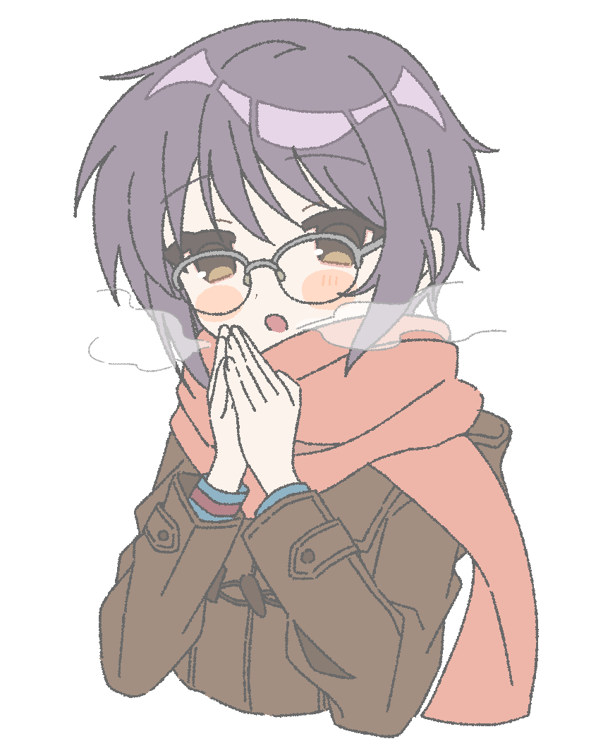 1girl breath brown_coat brown_eyes coat glasses grey-framed_eyewear kita_high_school_uniform long_sleeves looking_at_viewer nagato_yuki nanonome open_mouth orange_scarf own_hands_together palms_together purple_hair scarf school_uniform short_hair simple_background solo suzumiya_haruhi_no_shoushitsu suzumiya_haruhi_no_yuuutsu upper_body white_background