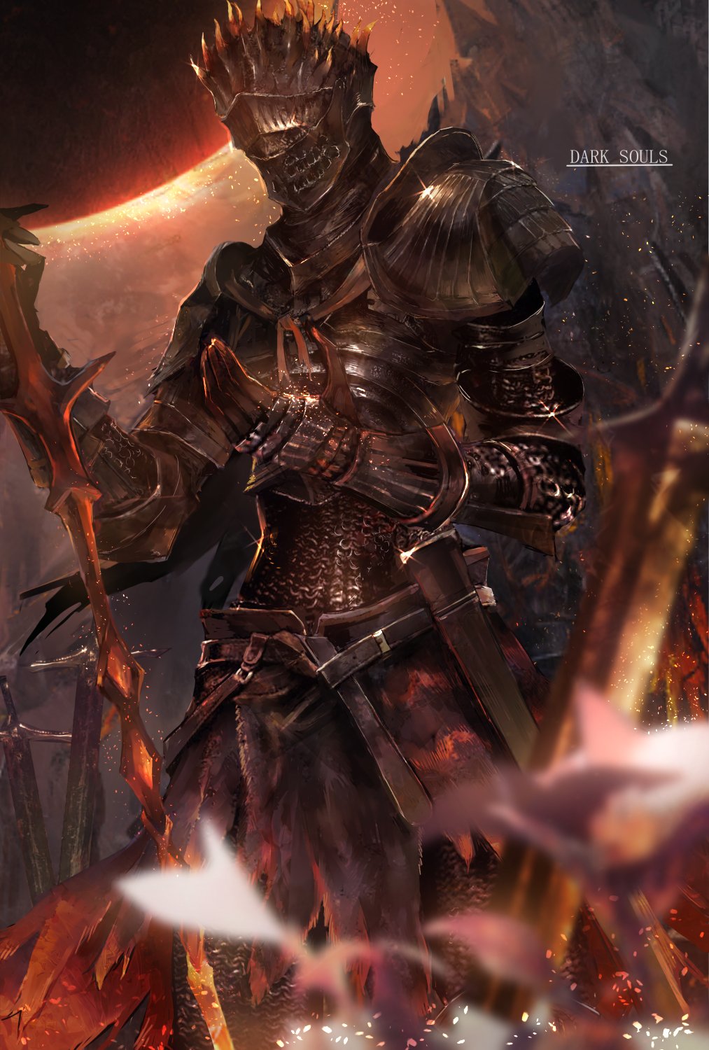 1other armor bad_id bad_twitter_id blurry blurry_foreground breastplate chainmail copyright_name cowboy_shot dark_souls_(series) dark_souls_iii eclipse embers facing_viewer faulds field_of_blades flower full_armor gauntlets helmet highres holding holding_sword holding_weapon mono_(jdaj) outdoors pauldrons planted planted_sword planted_weapon scabbard sheath shoulder_armor solar_eclipse solo soul_of_cinder standing sword weapon