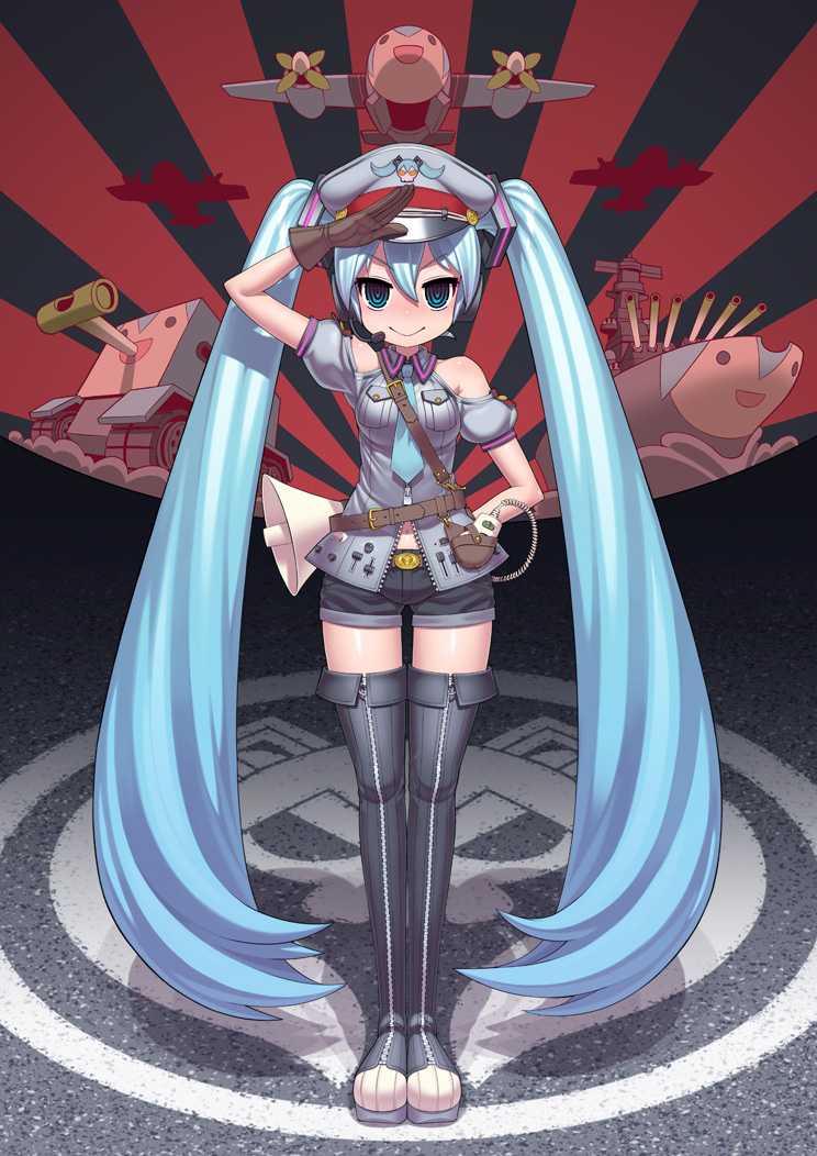 1girl aircraft airplane aqua_hair bare_shoulders belt black_shorts blue_eyes blue_necktie boots breast_press breasts brown_gloves clothing_cutout collared_shirt commentary_request gloves grey_shirt hair_between_eyes hair_ornament hat hatsune_miku headphones headset long_hair looking_at_viewer medium_breasts megaphone military_vehicle motor_vehicle necktie peaked_cap ringed_eyes salute ship shirt short_shorts short_sleeves shorts shoulder_cutout smile solo standing tank thigh_boots twintails very_long_hair vocaloid watercraft x6suke zipper