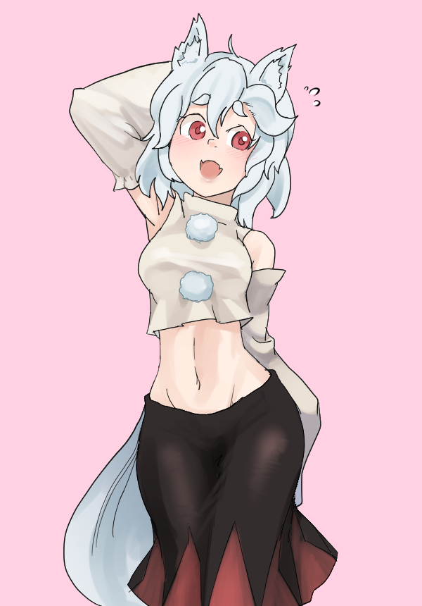 1girl animal_ear_fluff animal_ears arm_behind_head armpits black_skirt blush breasts commentary cookie_(touhou) detached_sleeves fangs feet_out_of_frame flying_sweatdrops grey_hair grey_shirt grey_sleeves hair_between_eyes inubashiri_momiji kirai_(hatetenn) long_sleeves looking_to_the_side medium_breasts midriff navel open_mouth pink_background pom_pom_(clothes) red_eyes red_skirt shirt short_hair simple_background skin_fangs skirt sleeveless sleeveless_shirt smile solo tail thick_eyebrows touhou turtleneck turtleneck_shirt two-tone_skirt web_(cookie) wolf_ears wolf_girl wolf_tail