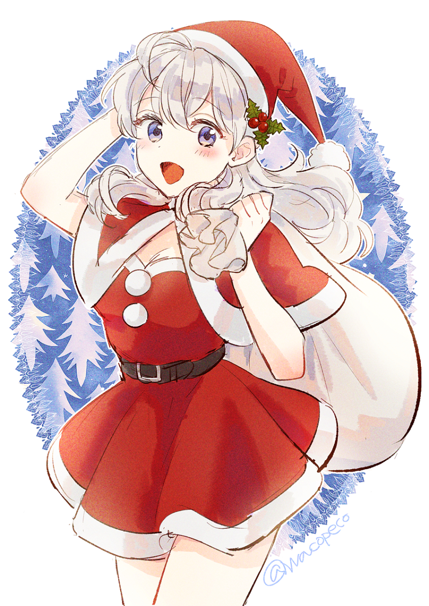 1girl blue_eyes blush christmas christmas_ornaments christmas_present dress fuyusaka_iori gift hair_ornament hand_on_headwear hat highres holding holding_sack juusan_kihei_bouei_ken merry_christmas open_mouth red_hat sack santa_costume santa_dress santa_hat wacopeco wavy_hair white_hair