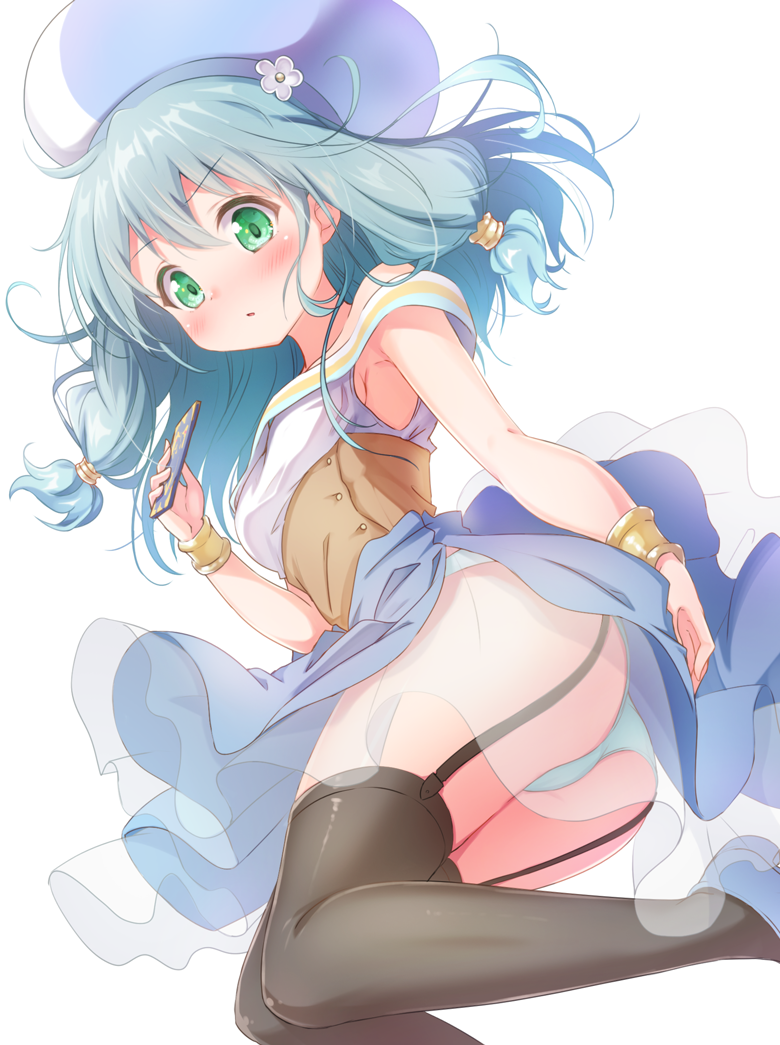 1girl bare_shoulders blouse blue_footwear blue_hair blue_hat blue_panties blue_skirt blush breasts brown_thighhighs card commentary_request endro! flower from_side garter_straps green_eyes hair_between_eyes hand_up hat holding holding_card long_hair matokechi medium_breasts meiza_endust multicolored_clothes multicolored_hat off-shoulder_shirt off_shoulder panties parted_lips see-through_clothes shirt shoes sidelocks simple_background skirt solo thighhighs underwear white_background white_flower white_hat white_shirt