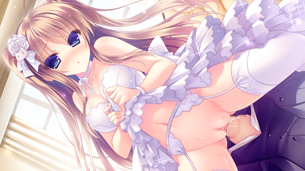 1boy 1girl ahoge blue_eyes blush brown_hair clothed_sex clothes_lift detached_collar dress garter_belt garter_straps girl_on_top hair_ornament hetero lifting_own_clothes long_hair looking_at_viewer nekomori_mike nyan_cafe_macchiato open_mouth pov pussy pussy_juice sex sitting sitting_on_person skirt skirt_lift thighhighs thighs twintails uncensored very_long_hair wedding_dress white_thighhighs yukie_(peach_candy)