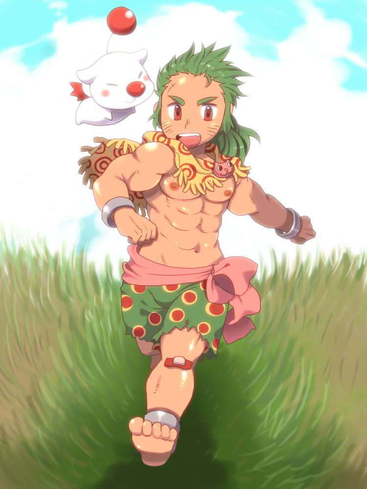 1boy abs ankle_brace ankle_cuffs bandages barefoot blush blush_stickers breeches brooch closed_eyes cloud cloudy_sky cuffs feet feral_child final_fantasy final_fantasy_vi gau grass grasslands green_hair green_pants jewelry male_focus moogle muscular muscular_male navel nipples pants pectorals ponytail puffy_chest red_eyes red_nose running sash_bow savannah scar scar_on_face shawl sky solo takezamurai wings