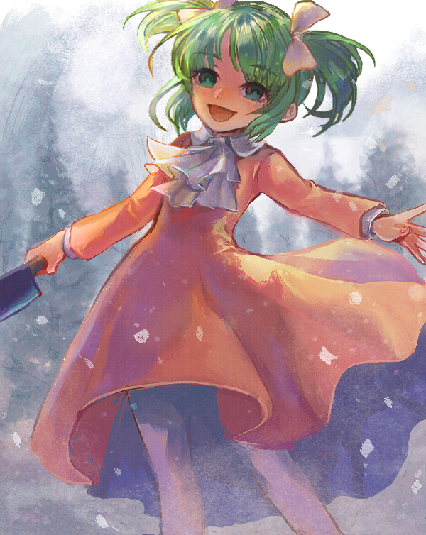 1girl :d ascot blue_eyes bow dress elona feet_out_of_frame fingernails green_hair hair_bow holding holding_knife kitchen_knife knife legs_apart long_sleeves mimimikan open_mouth outstretched_arms red_dress short_hair short_twintails smile snow snowing solo spread_arms standing twintails white_ascot yellow_bow younger_sister_(elona)