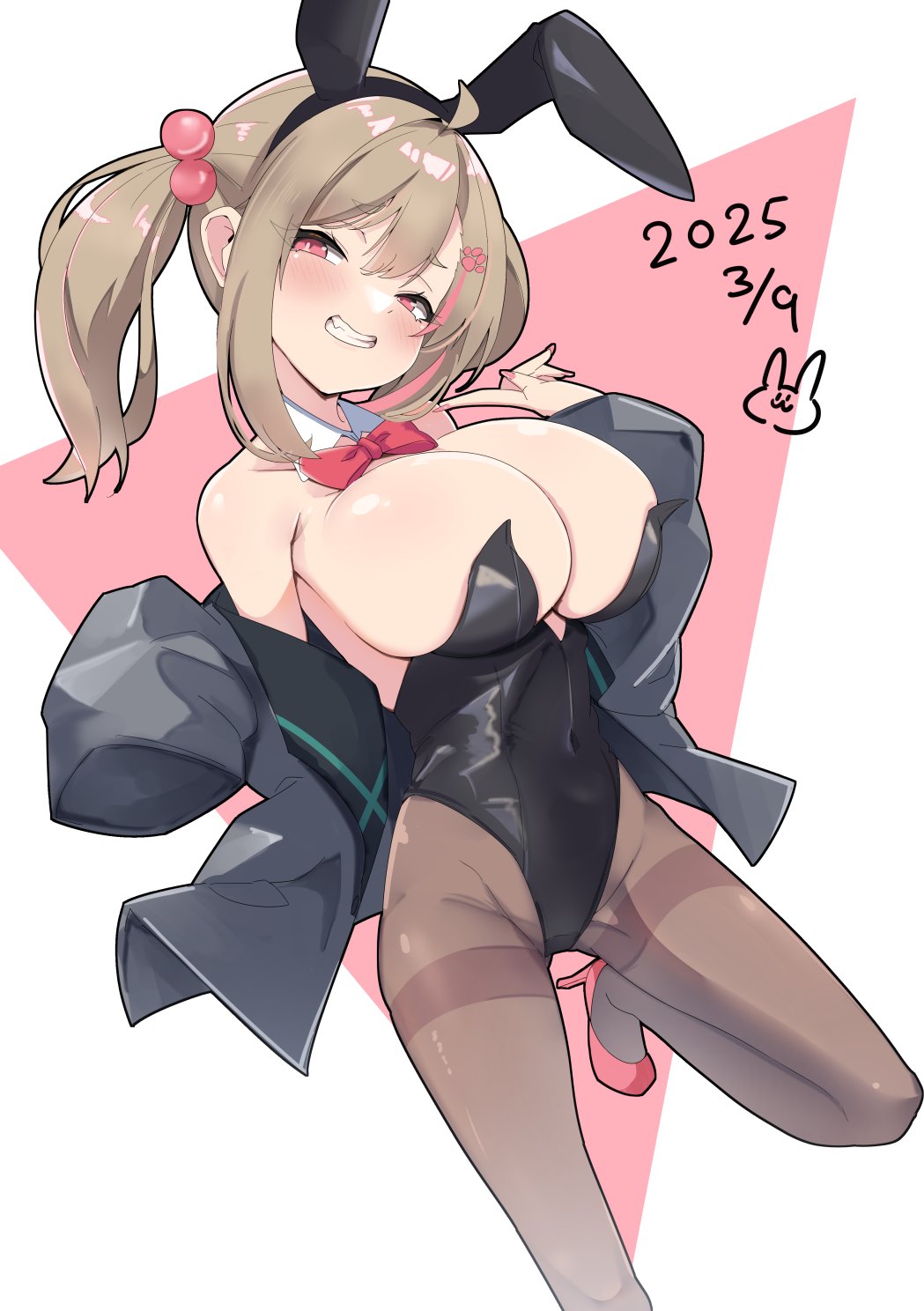 1girl animal_ear_hairband animal_ears black_leotard blush bow bowtie breasts brown_hair cleavage covered_navel detached_collar fake_animal_ears hair_ornament hairband high_heels huge_breasts jacket leotard light_brown_hair medium_hair nana_(mogs1225) open_clothes open_jacket original pantyhose paw_hair_ornament pink_eyes pink_nails pink_shoes playboy_bunny rabbit_ear_hairband rabbit_ears shoes smile solo twintails