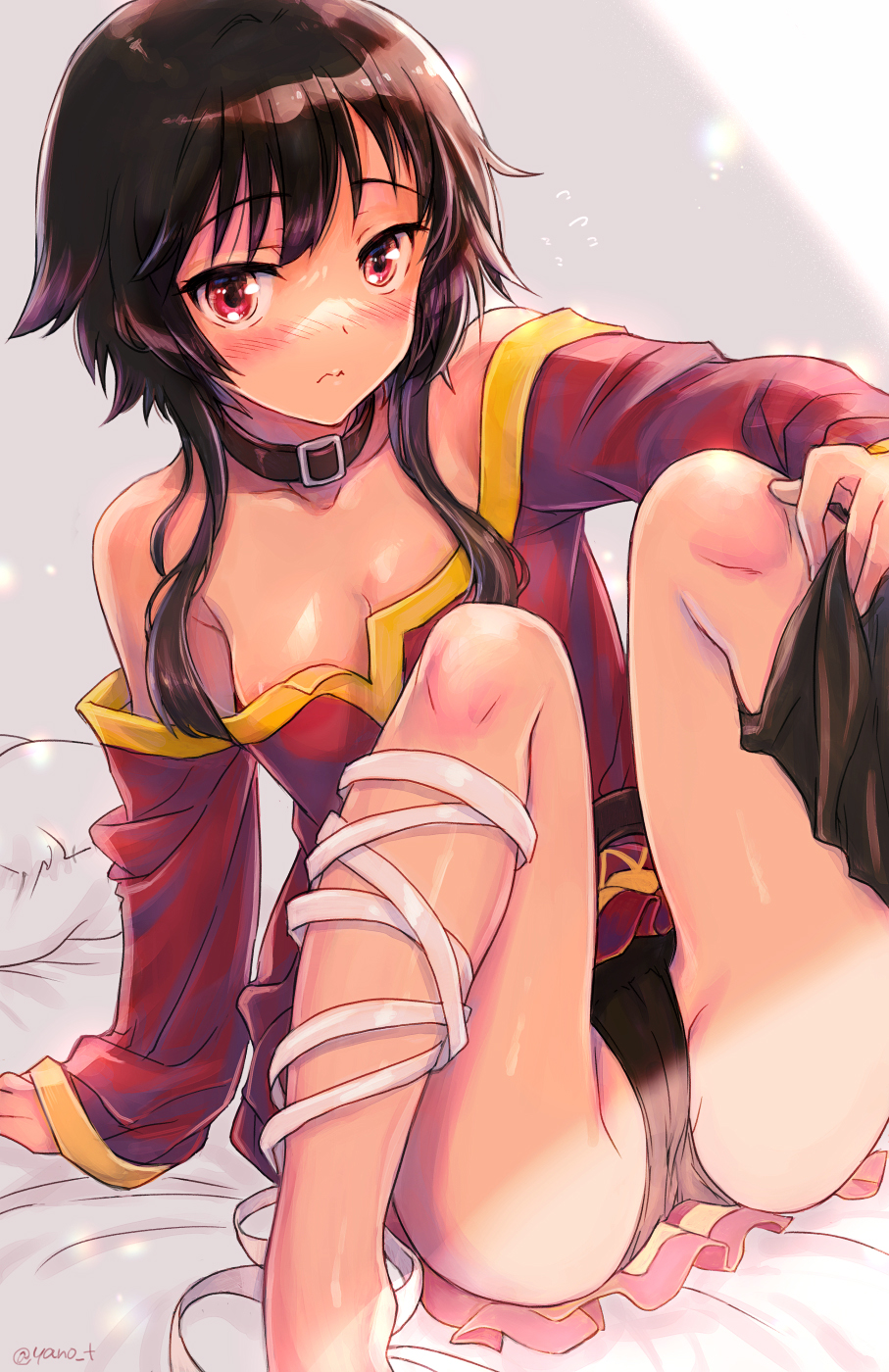 1girl areola_slip black_choker black_panties blush brown_hair choker dress highres kono_subarashii_sekai_ni_shukufuku_wo! long_sleeves looking_at_viewer megumin panties red_dress red_eyes short_hair_with_long_locks sitting smile solo underwear undressing yano_takumi