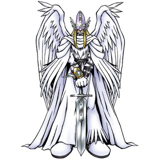 1boy digimon digimon_(creature) holyangemon holyangemon_priest_mode looking_at_viewer male_focus mask official_art solo wings