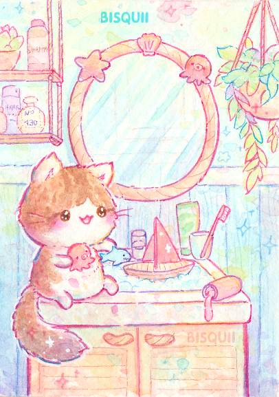 :3 :d animal animal_focus artist_name bathroom bisquii blush boat bubble cat chibi kitten leaf mirror no_humans octopus open_mouth original painting_(medium) pastel_colors plant reflection sailboat seashell shampoo_bottle shark shell sink smile sparkle starfish toothbrush toothpaste toy traditional_media watercolor_(medium) watercraft