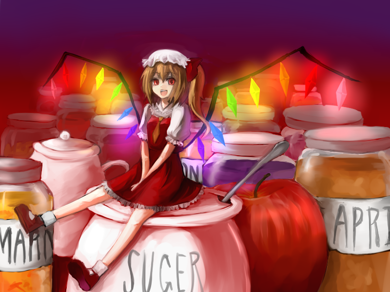 1girl bad_id bad_pixiv_id english_text engrish_text female_focus flandre_scarlet hair_between_eyes hat kame mini_person minigirl mob_cap ranguage sitting socks solo touhou white_hat white_socks wings