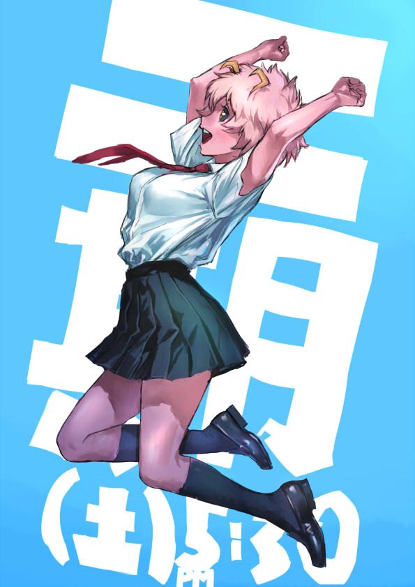 10s :d antennae arms_up ashido_mina black_sclera blouse blue_background boku_no_hero_academia breasts collared_shirt colored_sclera colored_skin from_side full_body jumping large_breasts legs mana30row necktie open_mouth pink_hair pink_skin pleated_skirt school_uniform serafuku shirt shoes short_hair short_sleeves simple_background skirt smile socks solo white_shirt yellow_eyes