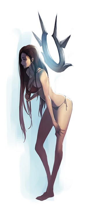 bikini black_hair irelia league_of_legends long_hair soli standing swimsuit