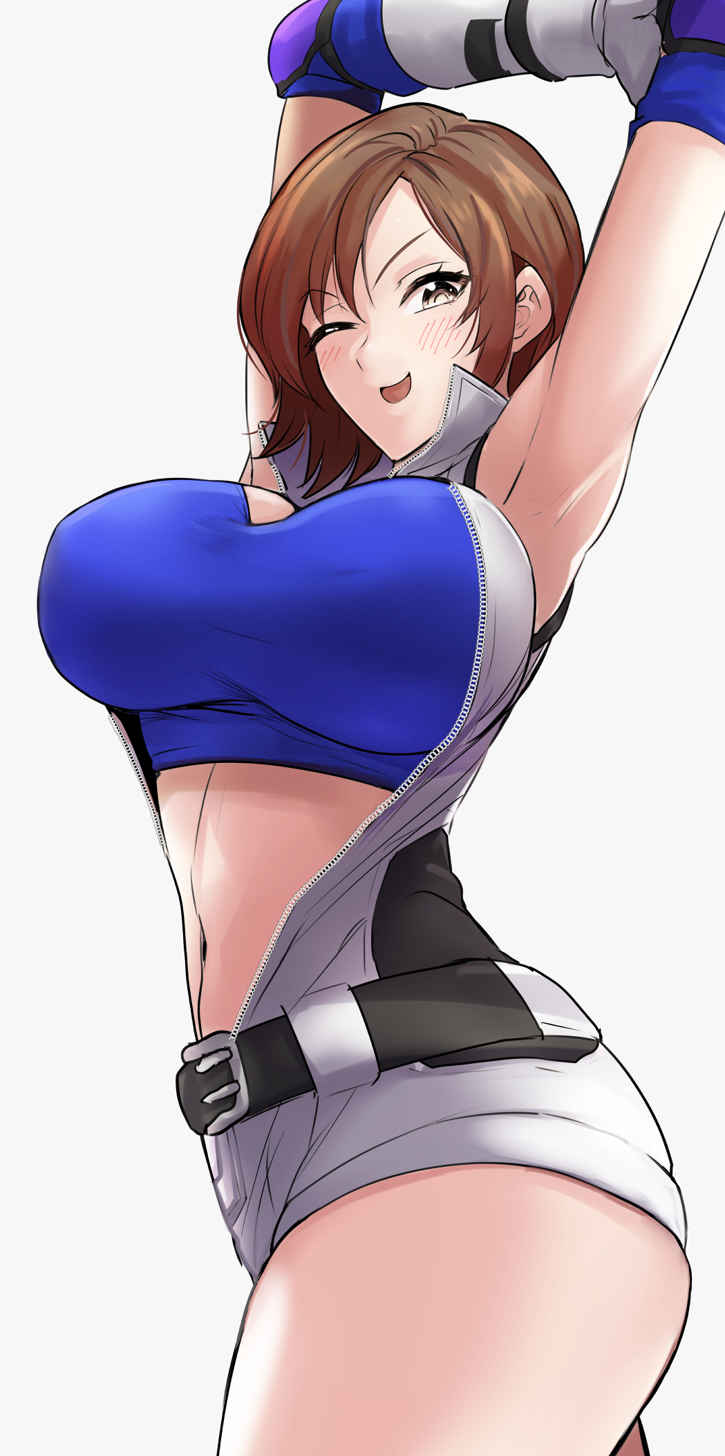 1girl belt black_belt breasts brown_eyes brown_hair clash_kuro_neko crop_top elbow_gloves female_focus gloves highres jacket kazama_asuka large_breasts light_blush looking_at_viewer midriff namco navel one_eye_closed open_mouth short_hair simple_background sleeveless sleeveless_jacket smile solo stretching tekken tomboy tongue twisted_torso white_background