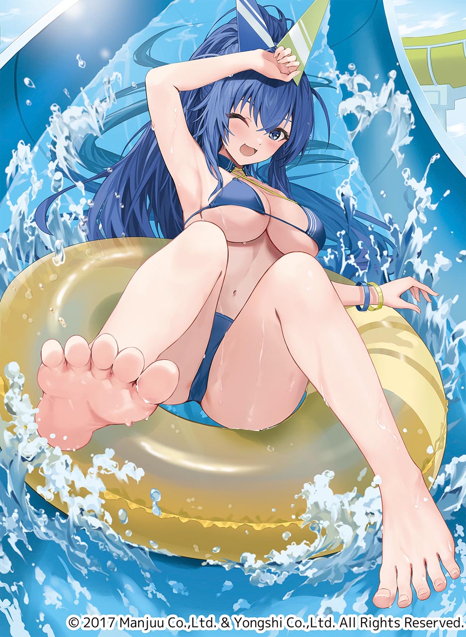 1girl armpits azur_lane barefoot bikini blue_bikini blue_hair breasts cleavage feet hair_between_eyes hand_up highres large_breasts long_hair looking_at_viewer motto_(night_wear) navel new_jersey_(azur_lane) new_jersey_(midsummer_leisure)_(azur_lane) official_art one_eye_closed open_mouth outdoors smile solo stomach swim_ring swimsuit toes very_long_hair water