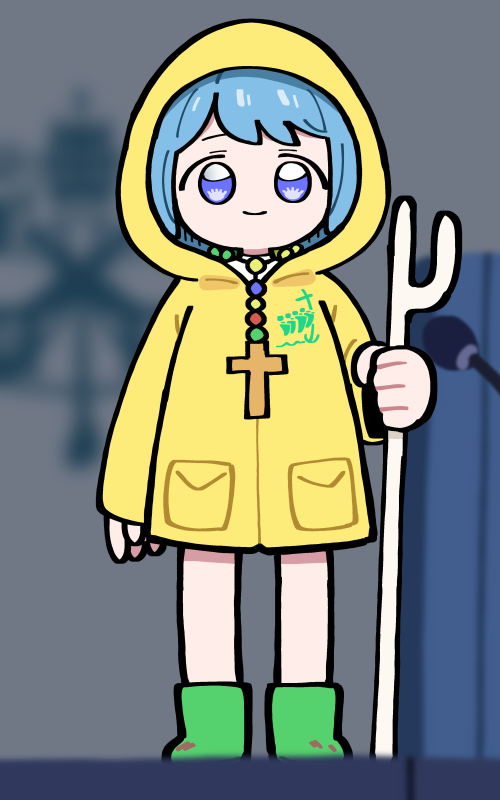 1girl blue_hair blurry blurry_background boots chibi closed_mouth cross depth_of_field full_body green_footwear hood hood_up hooded_jacket jacket jubilee_2025 latin_cross long_sleeves luce_(jubilee_2025) purple_eyes sleeves_past_wrists smile solo standing unadare yellow_jacket