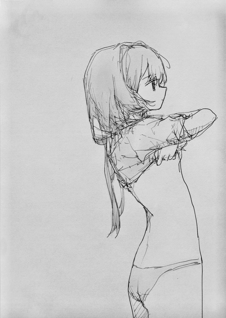 1girl back expressionless eyes_visible_through_hair greyscale iiibanah long_hair monochrome no_pants original panties removing shirt simple_background sketch underwear undressing white_background