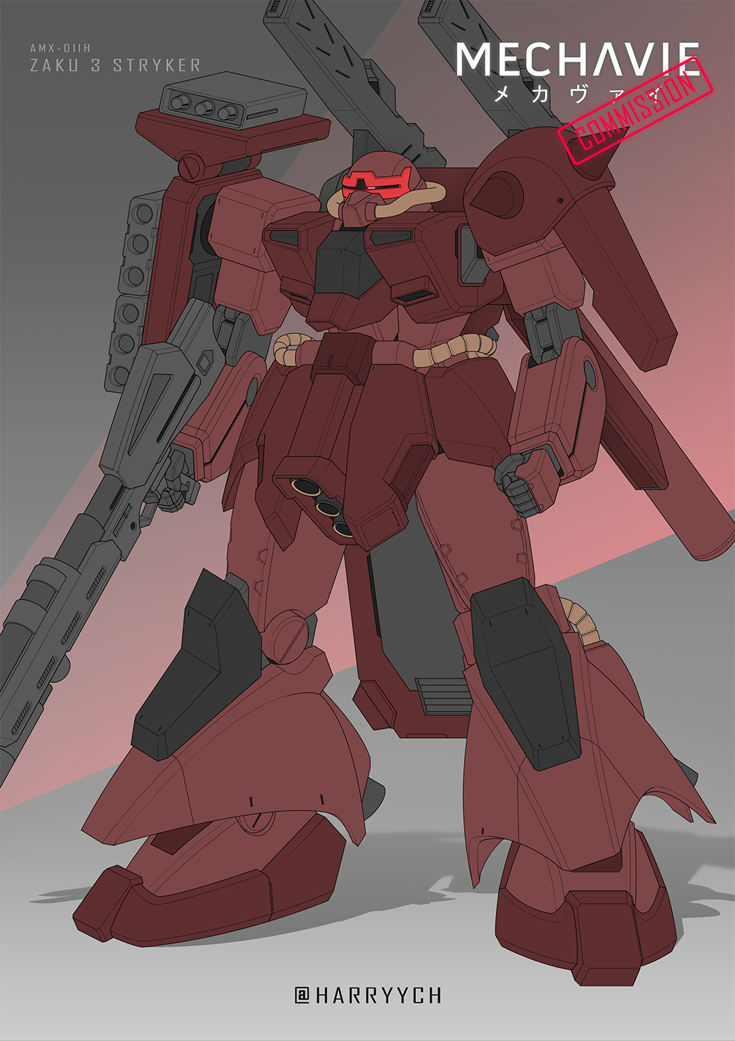 3d beam_rifle cable character_name commentary_request commission energy_gun gundam harryych highres machinery mecha mecha_focus missile_pod mixed-language_commentary mobile_suit neo_zeon no_humans one-eyed original redesign robot science_fiction signature solo weapon zaku_iii zaku_iii_custom