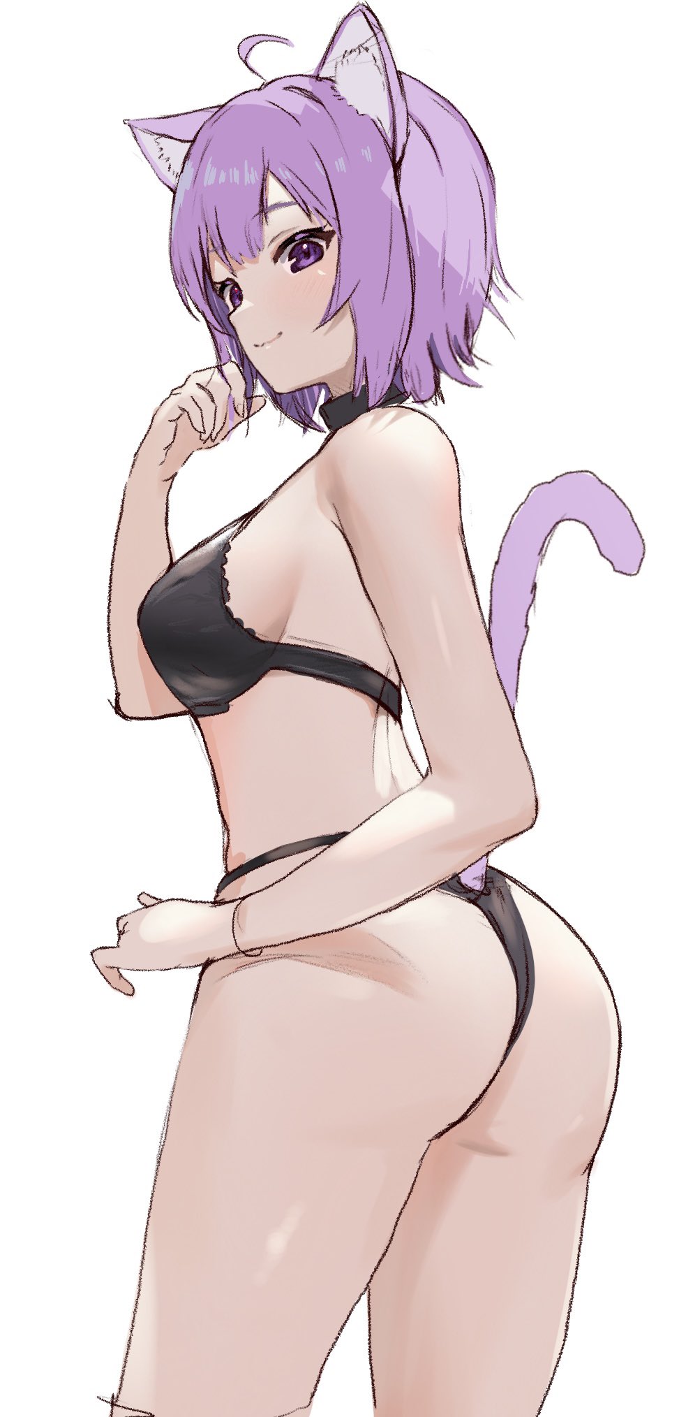 1girl ahoge animal_ear_fluff animal_ears ass bare_arms black_bra black_collar black_panties blush bra breasts cat_ears cat_girl cat_tail closed_mouth clothing_cutout collar cowboy_shot hand_up highres holding holding_own_hair hololive large_breasts nekomata_okayu panties purple_eyes purple_hair ruka_tou short_hair sideboob simple_background smile solo standing tail tail_raised tail_through_clothes underwear underwear_only virtual_youtuber white_background