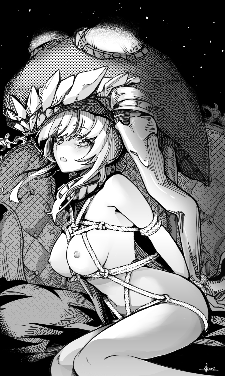 1girl abyssal_ship alexzhang bdsm bondage bound bound_arms breasts greyscale headgear highres kantai_collection large_breasts long_hair monochrome nipples rope shibari solo tentacles wo-class_aircraft_carrier