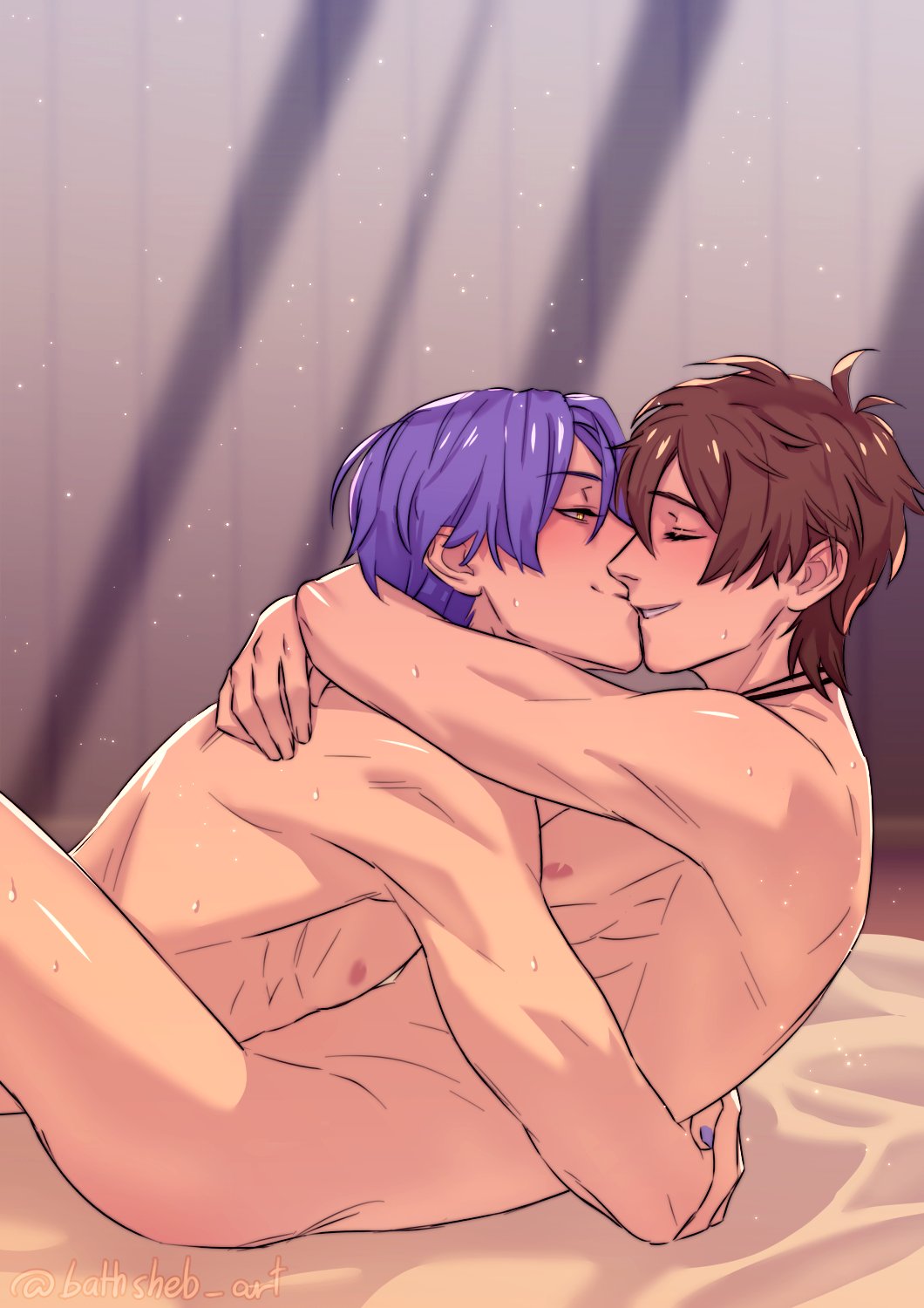 2boys bishounen blush brown_hair bthshb92 eiden_(nu_carnival) highres hug kiss kuya_(nu_carnival) male_focus multiple_boys muscular muscular_male nipples nu_carnival purple_hair purple_nails short_hair smile yaoi yellow_eyes