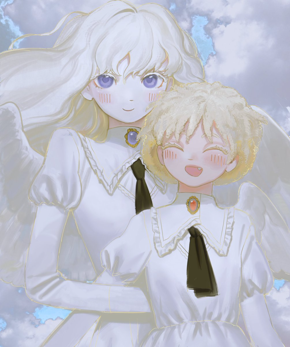 2girls albino angel angel_wings blonde_hair blue_eyes blue_sky cloud cloudy_sky collared_dress colored_eyelashes dress grintasia jewelry lace_trim multiple_girls neck_ribbon non-web_source original pendant puffy_sleeves ribbon sky white_dress wings