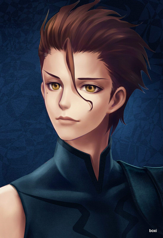 1boy ahoge brown_hair diarmuid_ua_duibhne_(lancer)_(fate) fate/stay_night fate/zero fate_(series) lijunyou lips male_focus mole mole_under_eye smile solo yellow_eyes