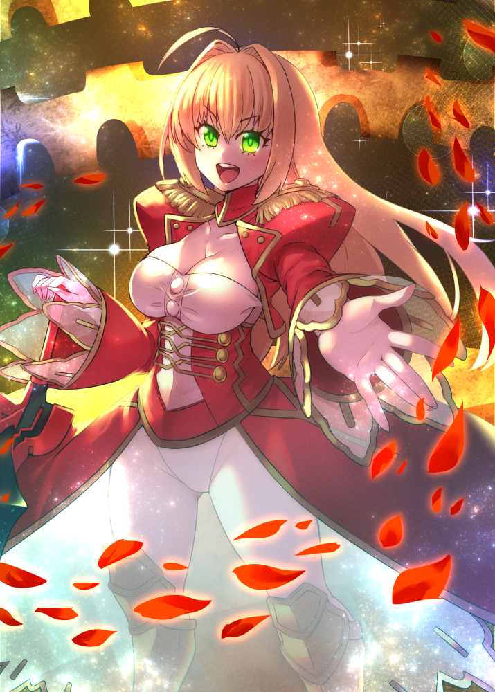 10s 1girl ahoge blonde_hair breasts cleavage cleavage_cutout clothing_cutout commentary_request dress epaulettes fate/extra fate/grand_order fate_(series) foreshortening green_eyes hair_between_eyes hair_intakes jacket juliet_sleeves kneehighs large_breasts long_hair long_sleeves looking_at_viewer matsumoto_tomoyohi nero_claudius_(fate) nero_claudius_(fate)_(all) nero_claudius_(fate/extra) open_mouth outstretched_hand panties pantyshot petals puffy_sleeves see-through_clothes see-through_dress skirt smile socks solo standing star_(sky) translucent_dress underwear wide_sleeves