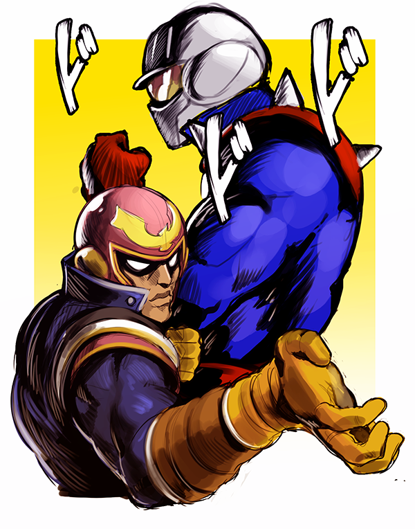 2boys bodysuit captain_falcon clenched_hand company_connection crossover f-zero fighting_stance gradient_background helmet jojo_no_kimyou_na_bouken mach_rider mach_rider_(character) multiple_boys muscular nintendo no_pupils stand_(jojo) voodoothur