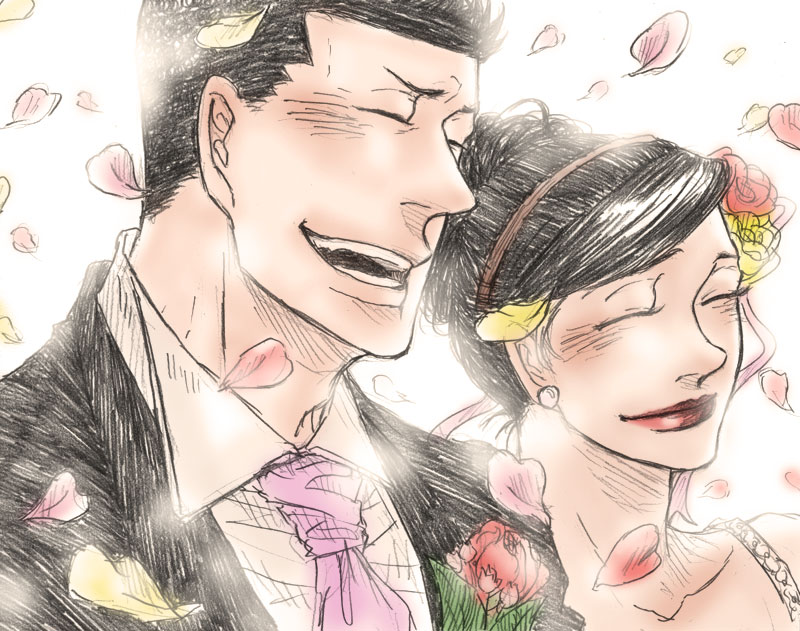 1boy 1girl aoki_masaru bad_id bad_pixiv_id black_hair boutonniere couple closed_eyes flower formal_clothes hagi_haruji hajime_no_ippo hetero petals smile suit tomiko_(hajime_no_ippo)