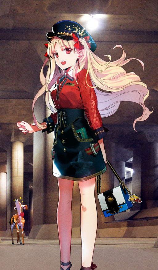 1girl animal bag black_hat black_skirt blonde_hair bow breasts brown_background bug butterfly buttons character_charm charm_(object) collared_shirt commentary curtained_hair deer dumuzid_(fate) earrings ereshkigal_(fate) ereshkigal_(under_the_same_sky)_(fate) fate/grand_order fate_(series) feet_out_of_frame fingernails floating_hair hair_bow hat high-waist_skirt holding holding_bag insect jacket jewelry long_hair looking_at_viewer medium_breasts morii_shizuki netsuke official_art open_mouth peaked_cap photo_background red_bow red_jacket red_nails shirt skirt smile solo standing teeth third-party_source three-quarter_sleeves two_side_up underground upper_teeth_only very_long_hair white_bag white_shirt wing_collar yellow_butterfly