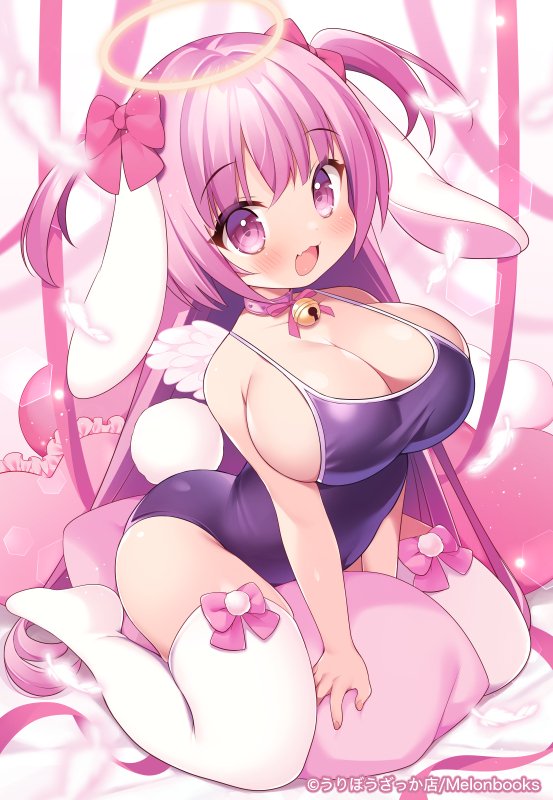 1girl :d angel bell blush bow bow_legwear breasts cleavage collar fang hair_bow halo heart heart-shaped_pillow jingle_bell large_breasts long_hair melonbooks msp_sammy neck_bell one-piece_swimsuit open_mouth oppai_loli pillow pillow_straddling pink_hair purple_eyes ribbon short_twintails skin_fang smile solo swimsuit thighhighs twintails very_long_hair white_thighhighs wings