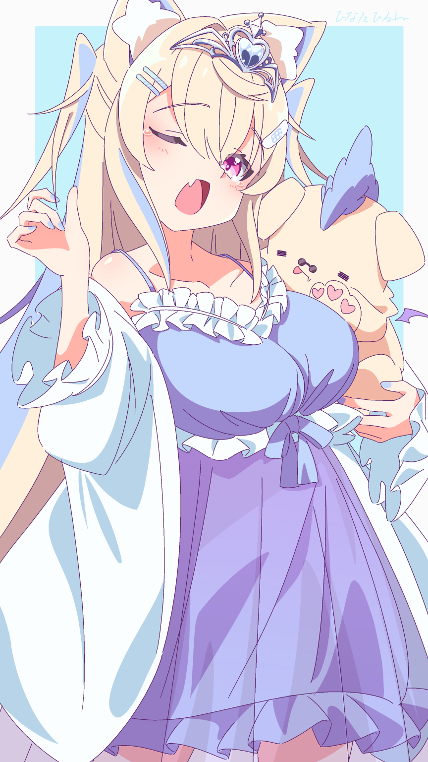 1girl animal_ear_fluff animal_ears bandaid bandaid_hair_ornament blonde_hair blue_background blue_hair blue_nails blush breasts circlet collarbone dog_ears dog_girl fang fuwawa_abyssgard hair_ornament hairclip hand_up heart highres hinata_hirune hololive hololive_english large_breasts long_hair looking_at_viewer multicolored_hair open_mouth pink_eyes ruffian_(fuwamoco) skin_fang sleepwear sleepy streaked_hair virtual_youtuber