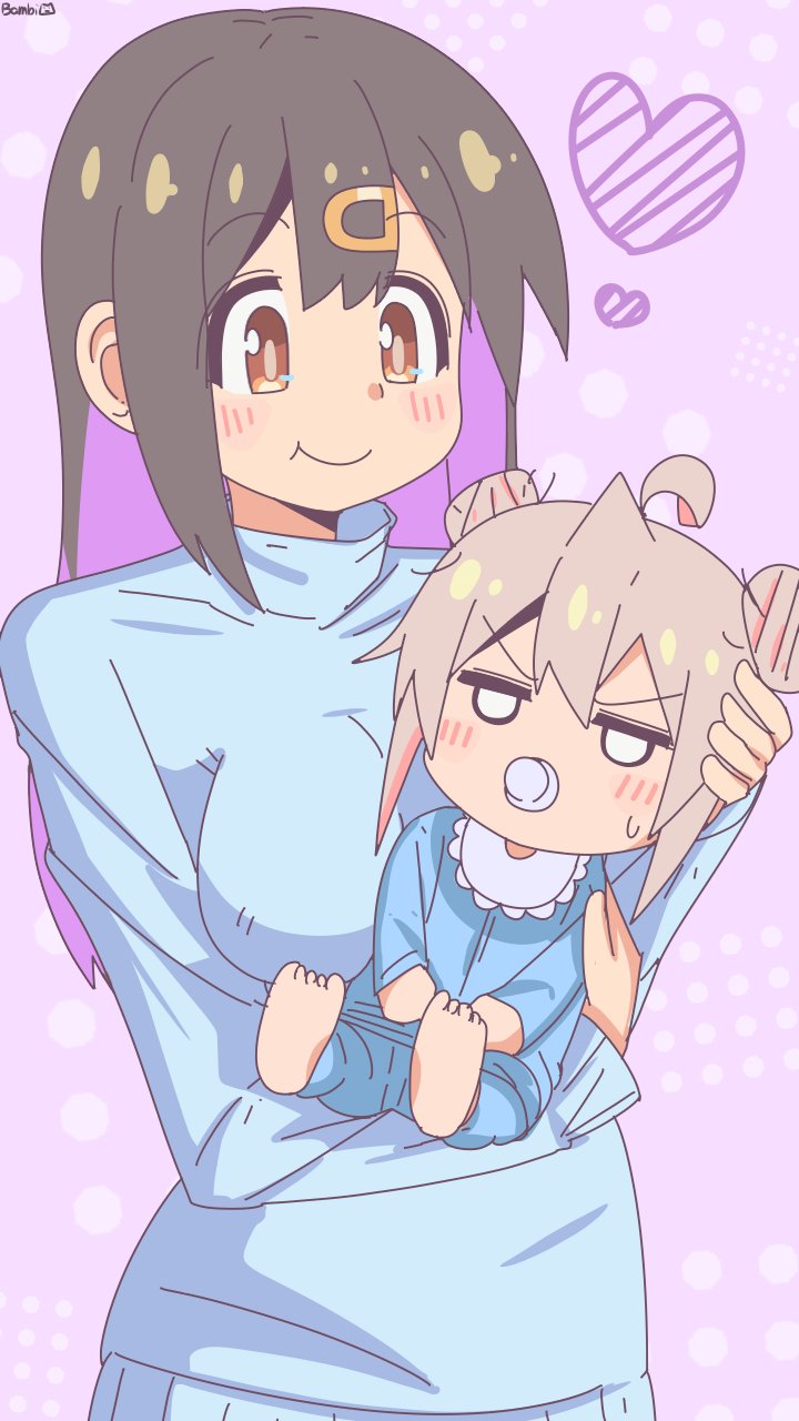 2girls aged_down ahoge annoyed artist_name baby baby_carry bambi2000line black_hair blank_eyes blue_sweater breasts brown_eyes carrying colored_inner_hair commentary double_bun dress grey_hair hair_between_eyes hair_bun hair_down hair_ornament hairclip heart highres holding_baby jitome large_breasts light_blush long_hair long_sleeves multicolored_hair multiple_girls onii-chan_wa_oshimai! oyama_mahiro oyama_mihari pacifier pink_background purple_hair simple_background smile sweater sweater_dress turtleneck turtleneck_sweater two-tone_hair v-shaped_eyebrows