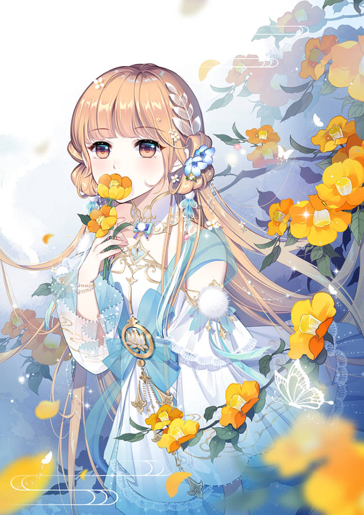 1girl bad_link blonde_hair blunt_bangs blurry blurry_foreground blush bow bracelet braid brown_eyes bug butterfly covered_mouth depth_of_field detached_sleeves dress flower hair_flower hair_ornament hand_up holding holding_flower insect jewelry long_hair long_sleeves original petals see-through_clothes see-through_sleeves shuangyaji solo standing tassel very_long_hair water white_dress white_flower wide_sleeves xinye666 yellow_flower