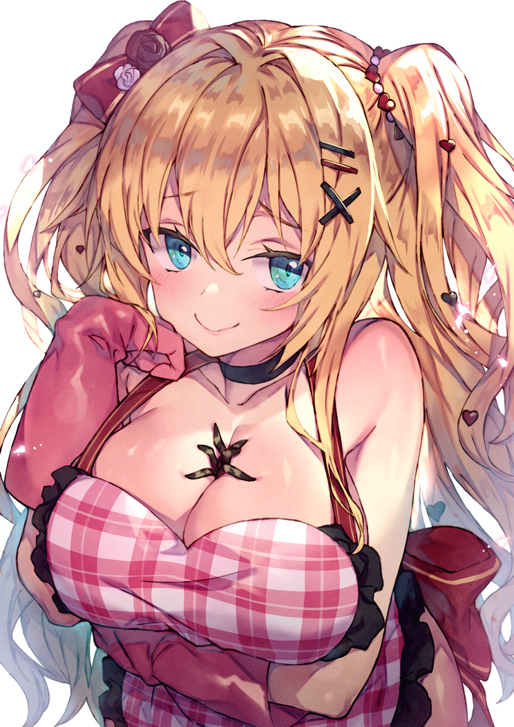 1girl akai_haato apron aqua_eyes arm_under_breasts bare_shoulders between_breasts black_choker blonde_hair breasts bug choker collarbone commentary english_commentary hair_between_eyes hair_ornament hairclip heart heart_hair_ornament hololive large_breasts long_hair looking_at_viewer oven_mitts redcomet simple_background smile solo spider twintails very_long_hair virtual_youtuber wavy_hair white_background x_hair_ornament