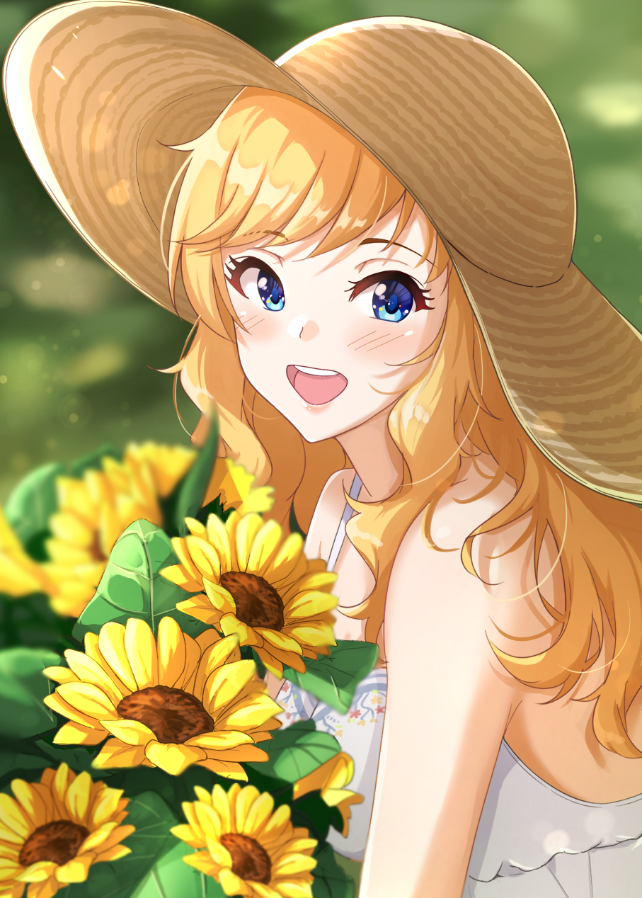 1girl :d bare_arms bare_shoulders blonde_hair blue_eyes blurry blurry_background blush breasts commentary_request depth_of_field dress flower hat highres holding holding_flower idolmaster idolmaster_cinderella_girls idolmaster_cinderella_girls_starlight_stage jewelry large_breasts long_hair looking_at_viewer namidako ohtsuki_yui open_mouth outdoors round_teeth sleeveless sleeveless_dress smile solo sun_hat sundress sunflower teeth upper_teeth_only wavy_hair white_dress yellow_flower