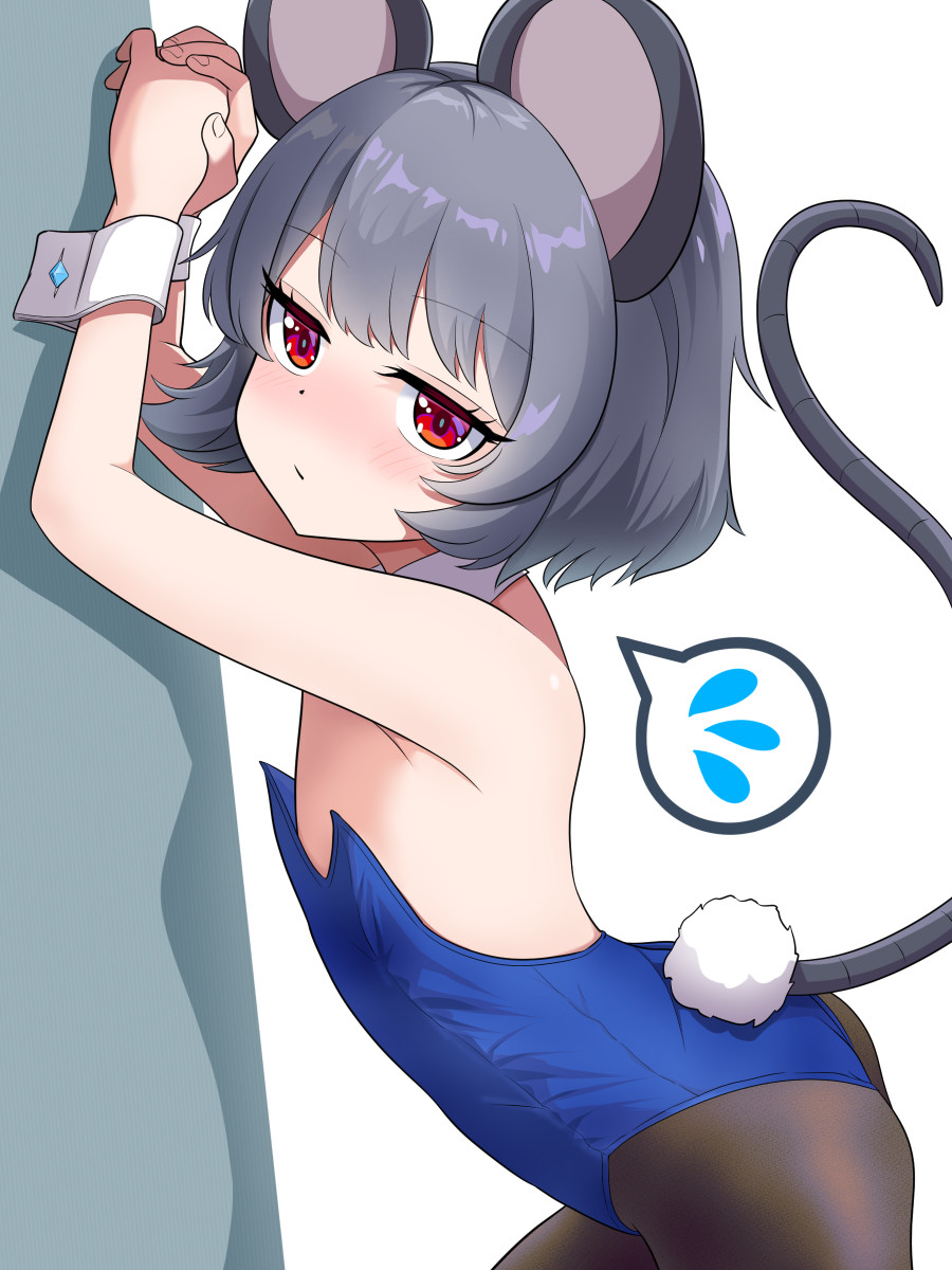 1girl animal_ears blue_leotard detached_collar fake_tail grey_hair highleg highleg_leotard highres kisaragi_koushi leotard mouse_ears mouse_girl mouse_tail nazrin pantyhose playboy_bunny rabbit_tail red_eyes short_hair strapless strapless_leotard tail touhou wrist_cuffs