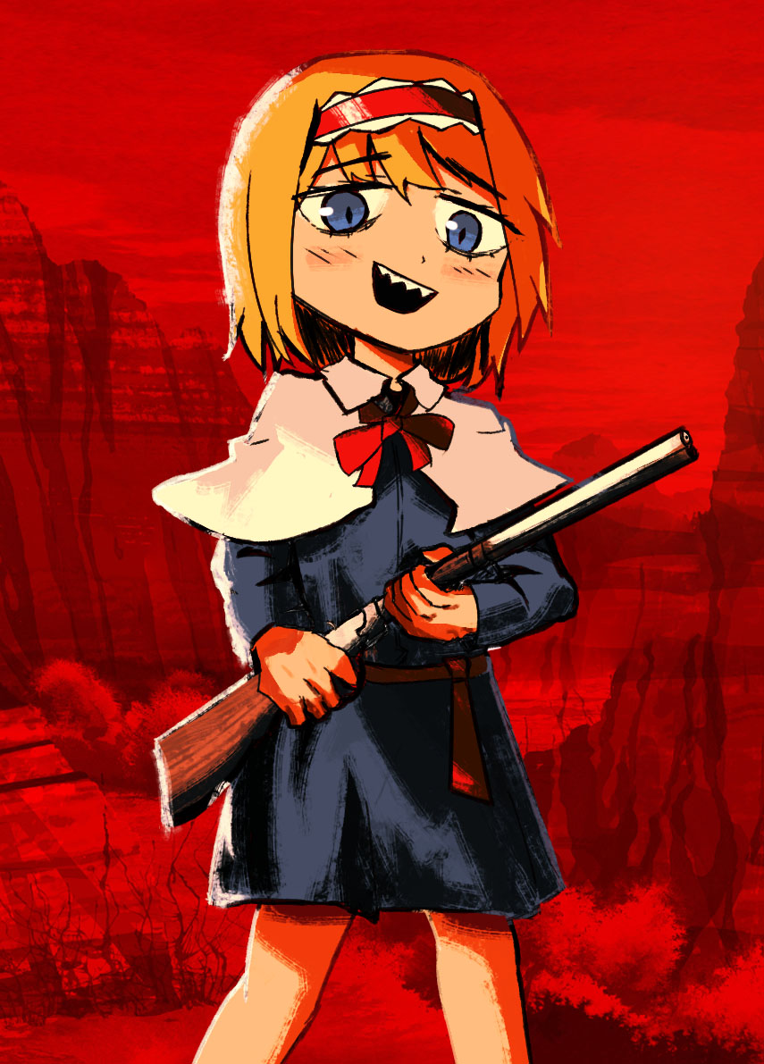 1girl :d alice_margatroid blonde_hair blue_dress blue_eyes blush bow bowtie capelet collared_capelet commentary cookie_(touhou) dress english_commentary feet_out_of_frame frilled_hairband frills gun hairband holding holding_gun holding_weapon looking_at_viewer mukenkairou open_mouth red_background red_bow red_bowtie red_dead_redemption_(series) red_dead_redemption_2 red_hairband sharp_teeth short_hair shotgun smile solo taisa_(cookie) teeth touhou upper_teeth_only weapon white_capelet