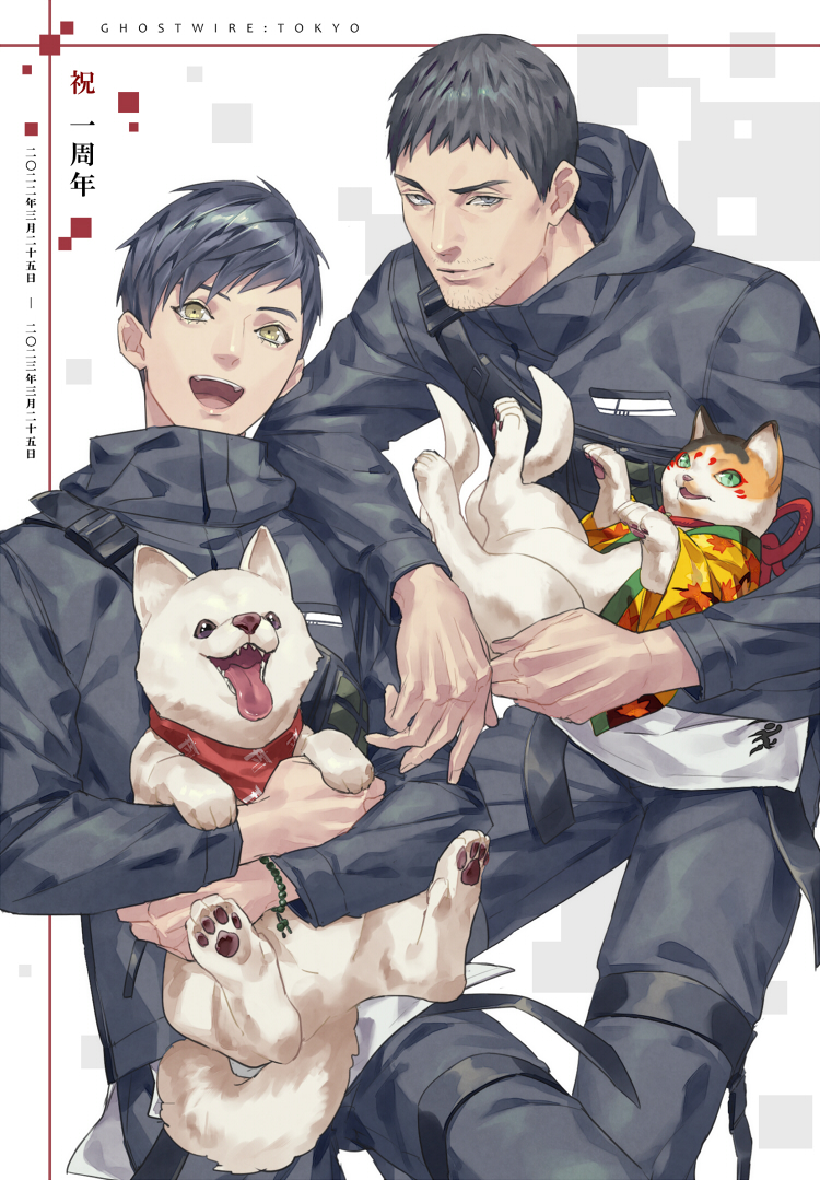 2boys akito_(ghostwire) animal animal_hands arm_on_another&#039;s_shoulder belt black_belt black_eyes black_hair black_hood black_hoodie black_jacket black_pants black_straps border calico_cat carrying cat cat_paws cat_tail chest_strap closed_mouth collared_jacket copyright_name crossed_arms dog dog_tail feet_out_of_frame ghostwire:_tokyo green_eyes grey_eyes holding holding_animal holding_cat holding_dog hood hoodie jacket kk_(ghostwire) leg_belt long_sleeves looking_ahead male_focus multiple_boys neckerchief open_mouth pants paw_up red_border red_neckerchief sharp_teeth short_hair simple_background smile tail talgi teeth tongue tongue_out upper_teeth_only white_dog yellow_eyes