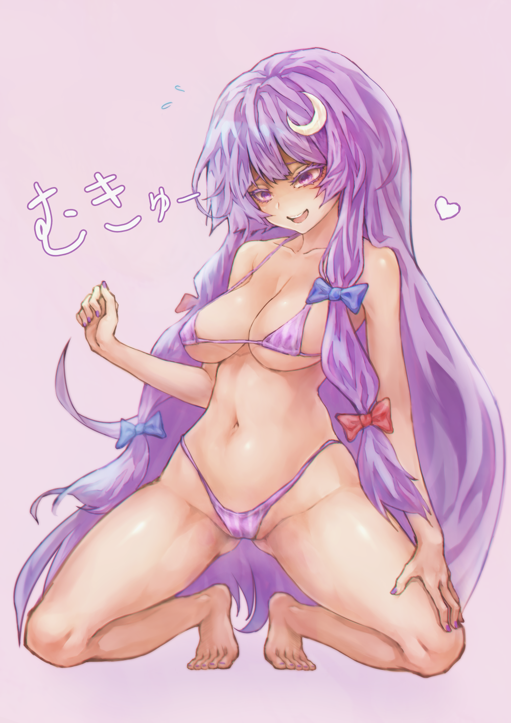 1girl bare_shoulders barefoot bikini blue_bow bow breasts cleavage collarbone crescent crescent_hair_ornament female_focus hair_bow hair_ornament heart highleg highleg_bikini highres joker_(stjoker) long_hair medium_breasts micro_bikini mukyuu nail_polish navel open_mouth patchouli_knowledge purple_bikini purple_eyes purple_hair purple_nails red_bow sagging_breasts smile solo squatting stomach striped_bikini striped_clothes swimsuit touhou very_long_hair