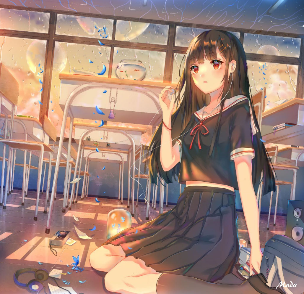 1girl black_hair black_legwear black_serafuku black_skirt chair classroom commentary_request desk hair_ornament hairclip indoors long_hair mada_(shizhou) original pleated_skirt red_eyes school school_chair school_desk school_uniform serafuku sitting skirt solo window