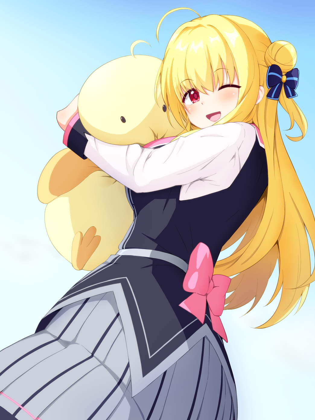 1girl ;d ahoge back_bow blonde_hair blue_background blue_bow blush bow commentary_request cowboy_shot eyes_visible_through_hair from_side grey_skirt hair_between_eyes hair_bow hair_bun hair_intakes hamidashi_creative happy highres holding holding_stuffed_toy hugging_object izumi_hiyori long_hair long_sleeves looking_at_viewer one_eye_closed one_side_up open_mouth pink_bow red_eyes school_uniform shirt simple_background single_side_bun skirt smile solo straight_hair stuffed_toy tsue_(surutsue) very_long_hair white_shirt