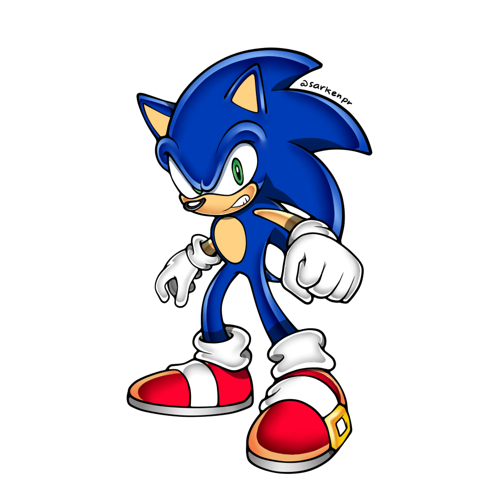 1boy animal_ears animal_nose artist_name commentary english_commentary full_body furry furry_male gloves green_eyes looking_at_viewer male_focus mixed-language_commentary official_style red_footwear sarken shoes simple_background solo sonic_(series) sonic_frontiers sonic_the_hedgehog spanish_commentary standing tail uekawa_yuji_(style) white_background white_gloves