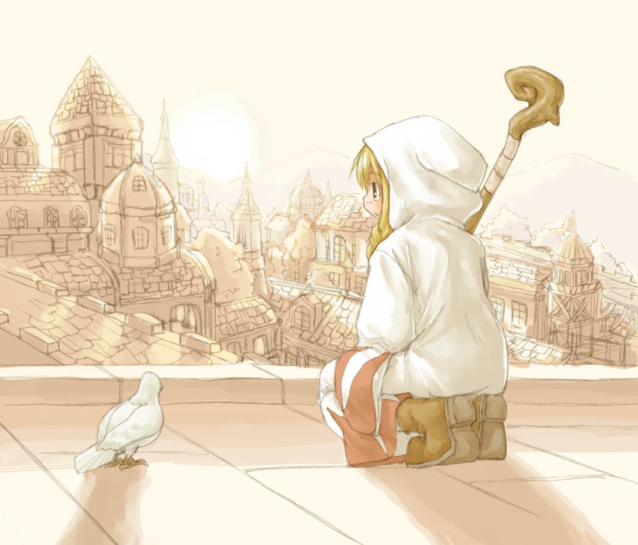 1girl bird female_focus final_fantasy final_fantasy_tactics hood kasuga_yukihito outdoors sky solo staff white_mage white_mage_(fft) white_mage_(final_fantasy)